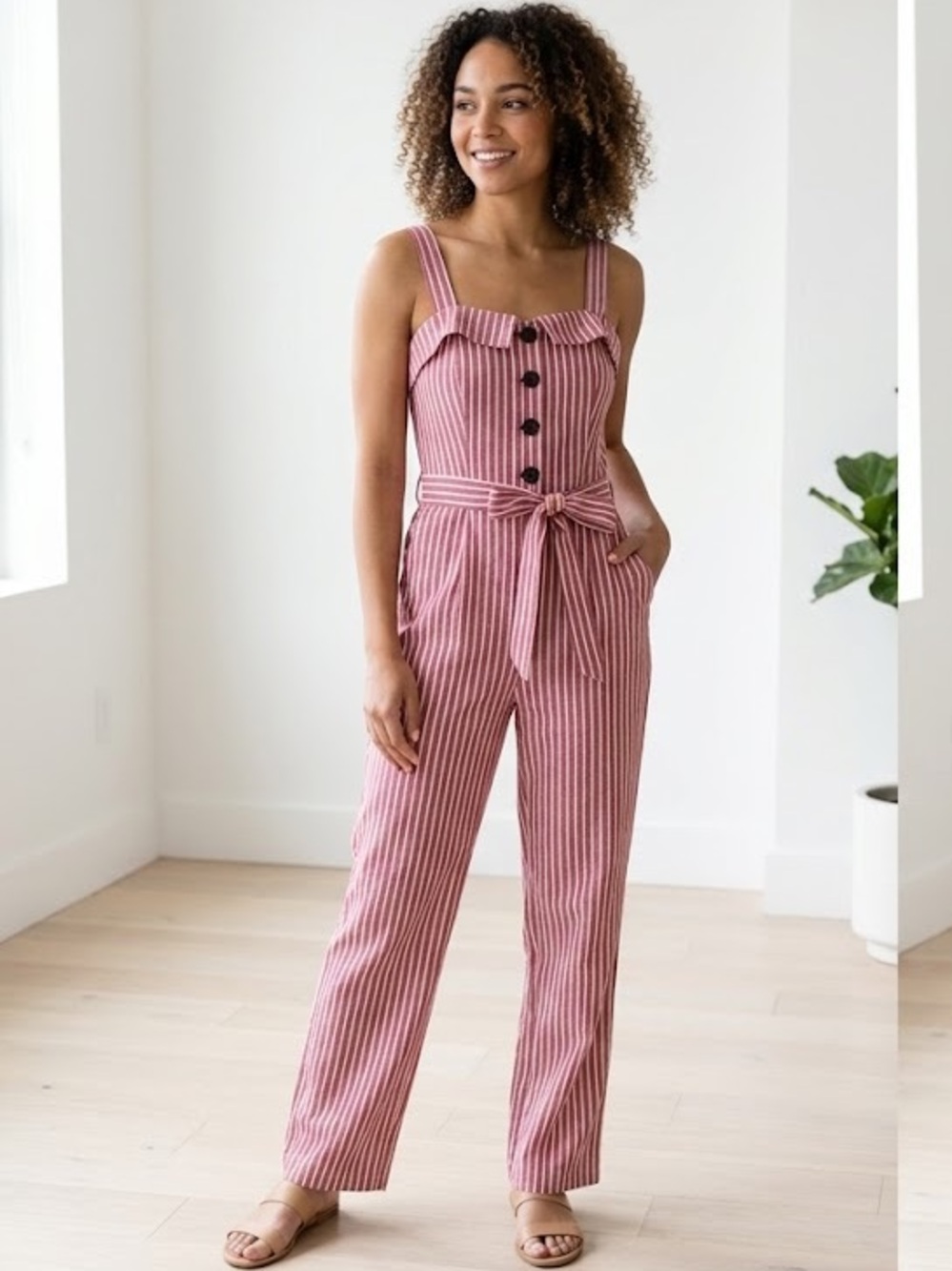 Ci Sono Pink Striped Tie-Waist Jumpsuit